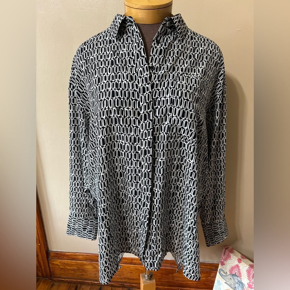 Nine West White Black Button Up Blouse Work Career Size XXL